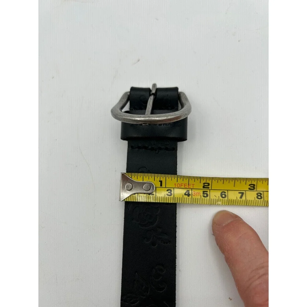 Lucky Brand Belt Women Large Black Floral Embossed Leather Silver Buckle Casual